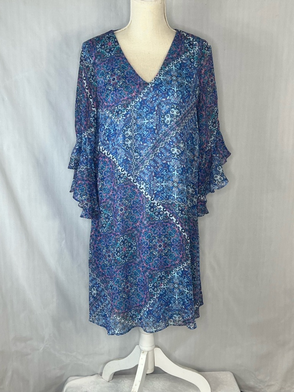 Calvin Klein Dress Blue & Pink Ruffle 3/4 Sleeves Mosaic Print Chiffon V Neck 8👍
